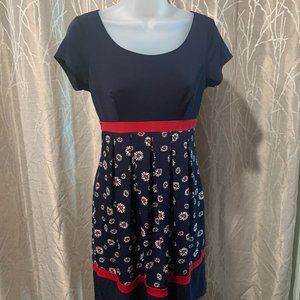Enfocus Studio Size 4 Daises Flower Dark Blue Red White Dress Short Sleeve